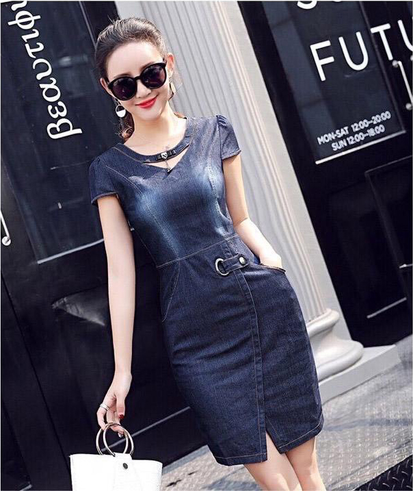 ĐẦM JEAN CỔ TIM ĐÍNH NƠ XẺ TÀ XÉO